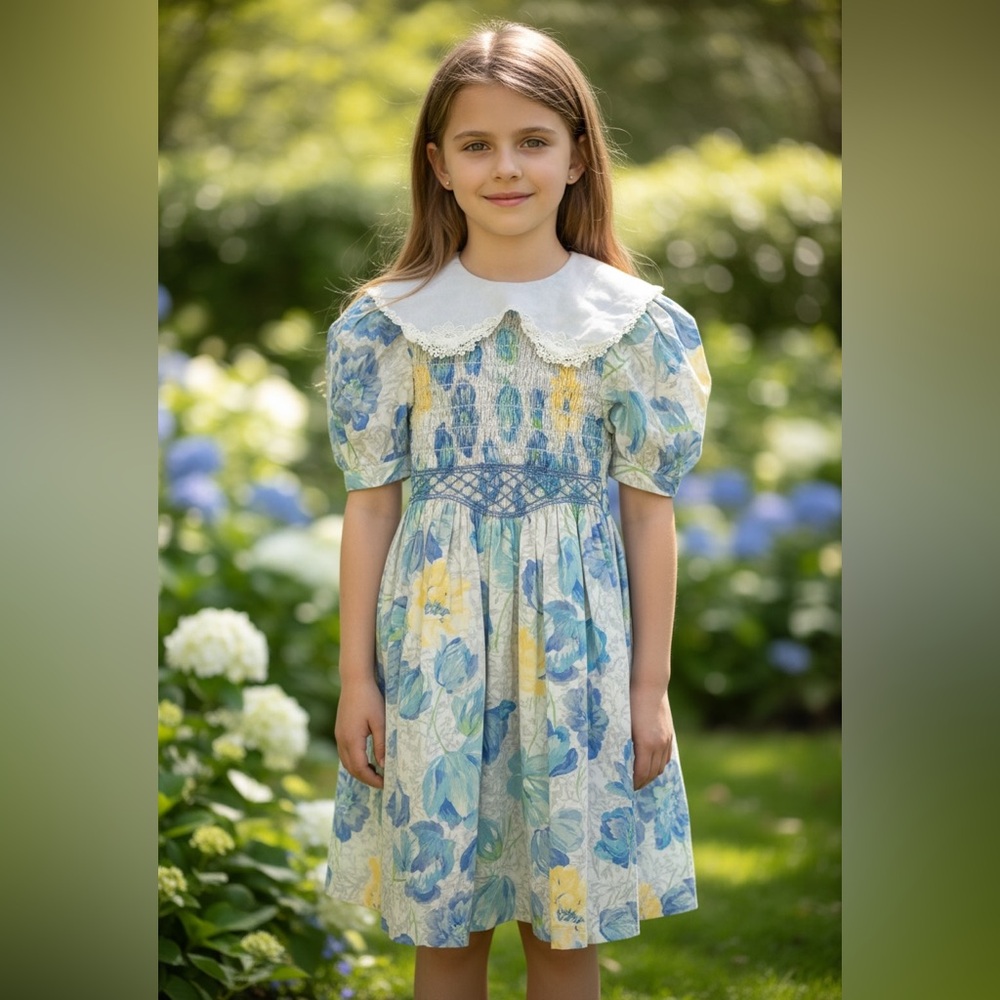 Vintage Smocked Polly Flinders Dress w Lace Collar